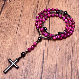 Necklaces Hematite Cross Pendant Necklace Rose Red Tiger Eye Onyx Catholic Christ Rosary Necklac Natural Stone Prayer Bead Vintage Jewelry