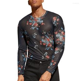 Men's T Shirts Wepbel Y2K Large Size Men Black Mesh Floral Print Long-Sleeved T-shirt Micro Transparent All-Match Stretch Bottoming Shirt