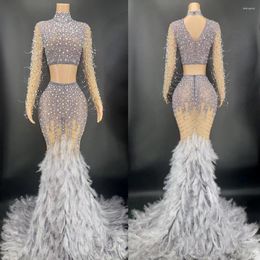 Casual Dresses 2023 Rhinestone Pearls Transparent Feather Train Top Long Skirt Evening Birthday Celebrate Costume Women Dancer Show Dress