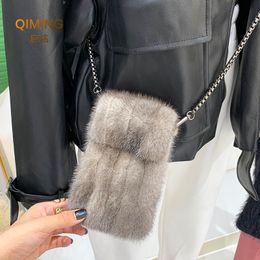 Evening Bags 100 Real Mink Fur Bag Crossbody For Women Autumn Winter Plush Purses and Handbags Female Phone Shoulder Girls Wallet 230826