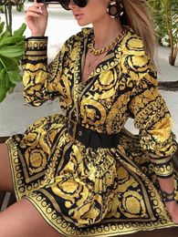 Basic Casual Dresses Elegant Printed Shirt Dress Women Vintage Long Sleeve Party Dress Mini Short Autumn Dresses Streetwear Winter Clothing Women T230825