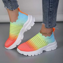 Striped Sneakers Dress Women Platform Breathable Gradient Knit Vulcanize For Woman Mix Colour Thick Sole Casual Shoes T