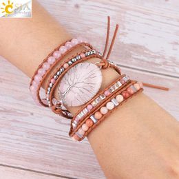 Bracelets CSJA Tree of Life Women Jewelry Natural Pink Quartz Crystal Stone Charms Bracelet Leather Braided Gems Beads Wrap Bracelets S349