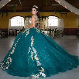 Luxury Shiny Green V-Neck Quinceanera Dresses Ball Gown Beads Gold Appliques Lace Sweet 16 Dress Lace-Up Party Dresses