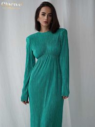 Basic Casual Dresses Clacive Fashion O-Neck Green Office Women's Dress 2022 Elegant Long Sleeve Pleated Midi Dress Casual Ultra Thin Black Women's Dress T230825