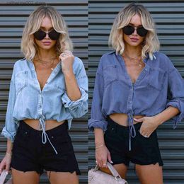 Women's T-Shirt Soft and loose casual denim shirt blue sexy brushed waist crop top no print quality solid street clothing fashionable women's button jacket Spri T230826