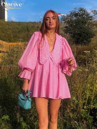 Basic Casual Dresses Clacive Sexy Deep V-neck Printed Women's Fashion Doll Neckline Lantern Sleeve Mini Dress Elegant Pink Pleated Women's Dress T230825