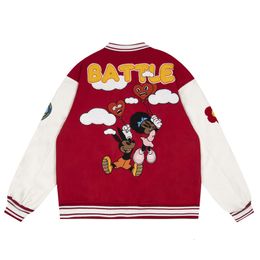 Men s Jackets Men Vintage Varsity Baseball Jacket Cartoon Animal Heart Flower Embroidery College Streetwear Harajuku Couple Bomber Coats 230826