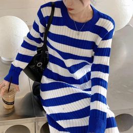 Casual Dresses 2023 Autumn Winter Fashion Striped Long Sweater Dress Women Vintage Robe Elegant Ladies Loose Knitted Korean