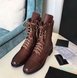 Interlocking Brown Biker flats boots vintage leather lace-up shoes combat boot buckle booties ankle luxury designers brand shoe factory footwear