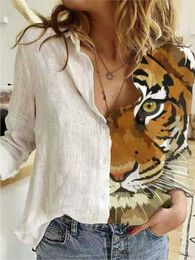 Women's Blouses Shirts Blouse Women Tiger Print Shirt Loose Lapel Button Long Sleeve Office Lady Blouse Leisure Streetwear Tops T230825