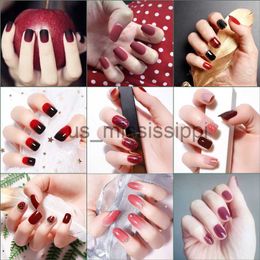 False Nails 24Pcs Elegant Wine Red Christmas New Year Fake Nails Press on Nail Artificial Nail Tips with Glue Sticker Faux Ongles Unhas Gift x0826