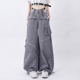 Women's Pants Capris Grey Cargo pants female summer casual original retro multi zip pocket two wear design drawstring casual oversized trousers women 230825