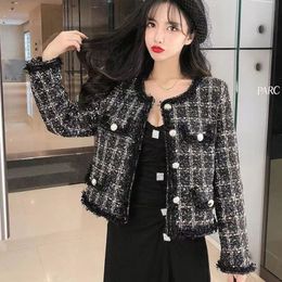 Women's Wool Blends Lucyever Vintage Tweed Jacket Coat Women Korean Fashion Small Fragrance Woollen Short Coats Autumn Winter Thicken Warm Outerwear 230825