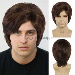 Synthetic Wigs GNIMEGIL Synthetic Brown Mix Blonde Highlight Wig for Man Short Straight Hair Wig with Side Bangs Mullet Head Wig Daily Cosplay x0826