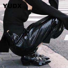 Boots Belt Buckle Ankle Boots Women Pointed Toe Thick Heels Black Zipper Ladies Pump Vintage Cool Punk Y2k Shoes Solid Female 230825