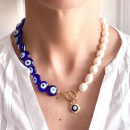 Rings Georgeos Boho Murano Glass Evil Eye Beads Freshwater Pearls Enameled Pendant Toggle Clasp Gold Plated Chocker Necklace Women