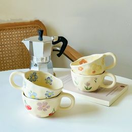 Mugs Ceramic Coffee Cups Hand Pinched Irregular Flower Milk Tea Cup Ins Korean Style Oatmeal Breakfast Mug Drinkware Kitchen 230825