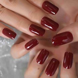 False Nails Burgundy Fake Nails Glossy Claret Press On False Nail Medium Squoval gel Full Cover Artificial Nail Tip With Adhesive Sticker x0826