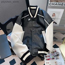 Men's Retro Black White Contrast Colour Short Jacket Baseball Uniform Women Spring Autumn Vintage Single-breasted Leather Jackets Q230826