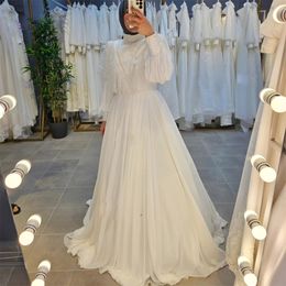 Vintage Chiffon Beaded Muslim Wedding Dresses High Neck Long Sleeve Islam Bridal Gown Sequin A Line Turkey Robe De Mariee