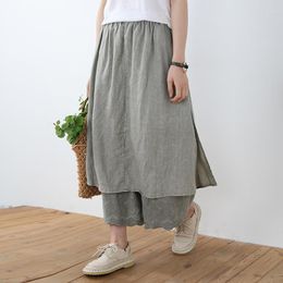 Women's Pants Cotton Linen Mori Girl Floral Embroidery Hem Wide Leg Skirt Trousers
