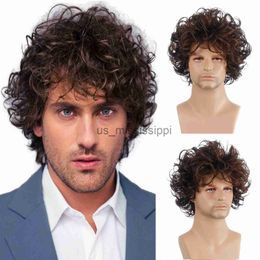 Synthetic Wigs Men Nature Brown Curly Synthetic Wig With Bangs Nature Looking For Male Party Daily Use Heat Resistant Fibre x0826