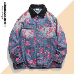 Men's Jackets Autumn Flower Rose Print Denim Jacket Unisex Men Baseball Bomber Women Varsity Coat High Street Cotton Chic Spring 230825