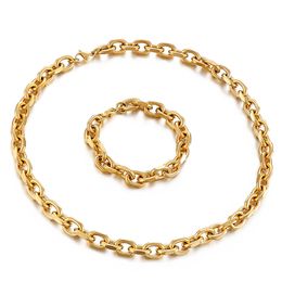 10MM 26inch+8inch Mens Women Jewellery Set Stainless Steel Strong Fashion Oval Link Chain Gold Plated Necklace + Bracelet Set