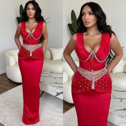 Sexy Evening Dresses V Neck Beads Collar Waist Party Prom Pleats Formal Long Red Carpet Dress for special ocn