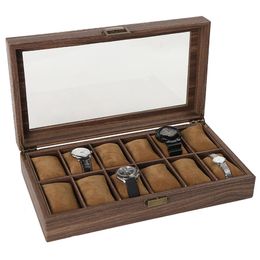 Rings Watch Box Display Case & Organizer for Mens Jewelry Watch Holder Brown, Glass Top