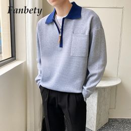 Mens Polos Korean Autumn Polo Collar Sweatshirt Men Contrast Color Lapel Zipper Harajuku Pullover Trendy Casual Male Pocket Tops Sweater 230825