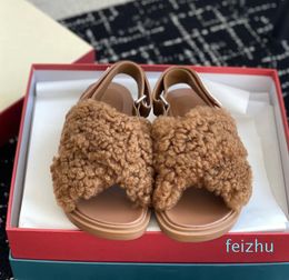 Top quality Fussbett Patch Slingback Sandals Round toe rubber sole slip on flats Casual Lamb Fur shoes factory footwear