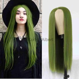 Synthetic Wigs Olive Green Synthetic Hair Lace Wigs Long Straight Hair Matcha Green Colour Wig Natural Hair Line Heat Resistant Synthetic Wigs x0826