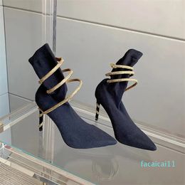 Sock Boots Snake Strass stiletto HeelBoot Wraparound Ankle Booties Mid-Calf Pull On Elastic Point-Toe Stiletto Designer 95Cm