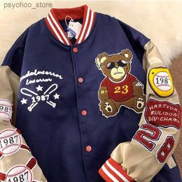 American Retro Bear Embroidered Jackets Coats Men's 2023 New Y2K Street Hip Hop Trend Baseball Uniform Couple Casual Wild Jacket Q230826