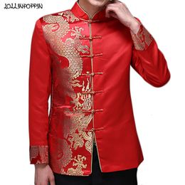 Men's Suits Blazers Dragon Pattern Jacquard Mens Red Suit Jacket Mandarin Collar Traditional Chinese Men Satin Wedding Jacket Frog Closure 230825