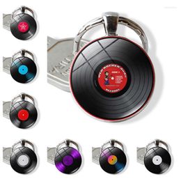 Keychains WG 1pc Fashion Retro Gramophone Vinyl Record Time Gem&stone Keychain Keyrings Metal Glass Ball Jewellery Accessories