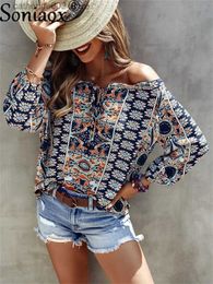 Women's T-Shirt 2022 Boho Floral Print Ruffle Blouse Womens Summer Off Shoulder Blouse Long Sleeves Casual Elegant Chiffon Tops Shirts Blusas T230826