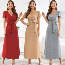 Casual Dresses Women V-Neck Short Sleeve Tie Backless Shiny Sparkly A-Line Long Dress With Belt