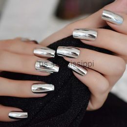 False Nails Square Top Fake Nails Medium Flat Classical Silver Mirror False Nails Quality Manicure Tips with Adhesive Sticker 24 x0826