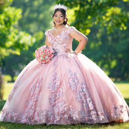 Pink Shiny Quinceanera Dresses Luxury Pearls Beading Appliques 3D Flowers Vestidos De 15 Anos Princess Birthday Party Dress