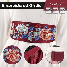 Belts Women Floral Embroidery Wide Belt Elastic Waistband Cummerbund Elegant Retro With Metal Buckle Black Green Red