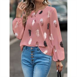 Women's Blouses Shirts Women's Feather Printed Chiffon T-shirt Loose Camping Sleeve Shirt Casual V-neck Autumn Blusas Mujer Elegantes Y Juveniles T230825