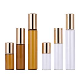 wholesale 1ml 2ml 3ml 5ml 10ml Empty Packing Glass Transparetn Brown Bottle Essrntial Oil Vials Steel Beads Gold Lid Portable Refillable LL