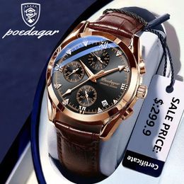Wristwatches POEDAGAR Men Watch Fashion Leather Quartz Watches Sport Chronograph Business Men's Wristwatch Waterproof Luminous Date Man Gift 230825