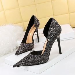 New Fashion Sexy Banquet High Heels Slim Heels Ultra High Heels Shallow Notched Pointed Side Cut Shiny Sequins Single Shoe Size 34-43