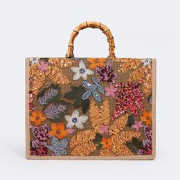 Evening Bags Vintage Bamboo Handle Women Handbags Sequins Embroidery Tote Bags Casual Linen Large Capacity Summer Beach Bag Big Female Purse 230825