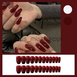 False Nails New Hot Fake Nail Pieces Jelly Burgundy Long Wearing Nail Stickers Finished Nails 24 Pcs With Glue x0826