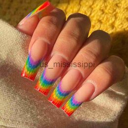 False Nails Long Water Pipe False Nails New French Gradient Square Head Press on Nails Full Cover Butterfly Love Flower Nail Tips DIY x0826